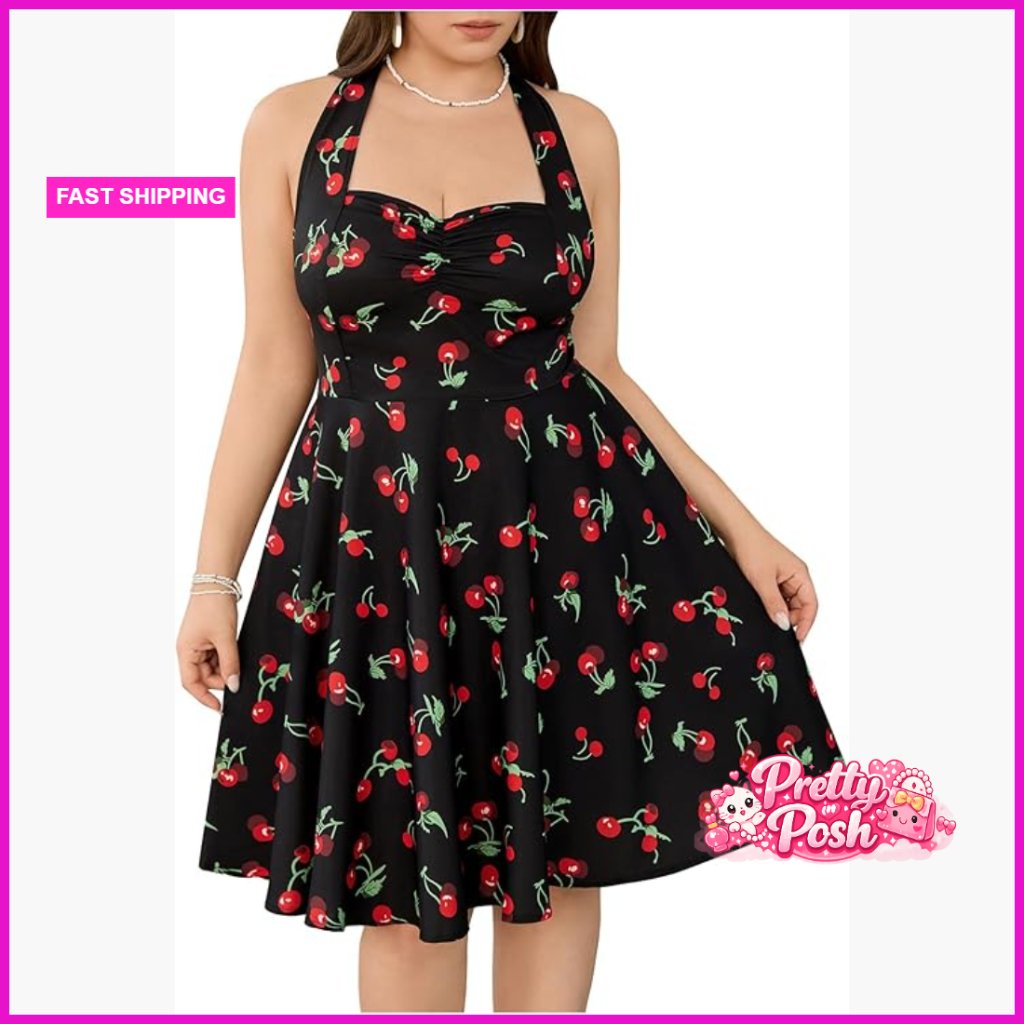 Plus Size Halter Dress Ruched Bust Cherry Print A-Line Casual
